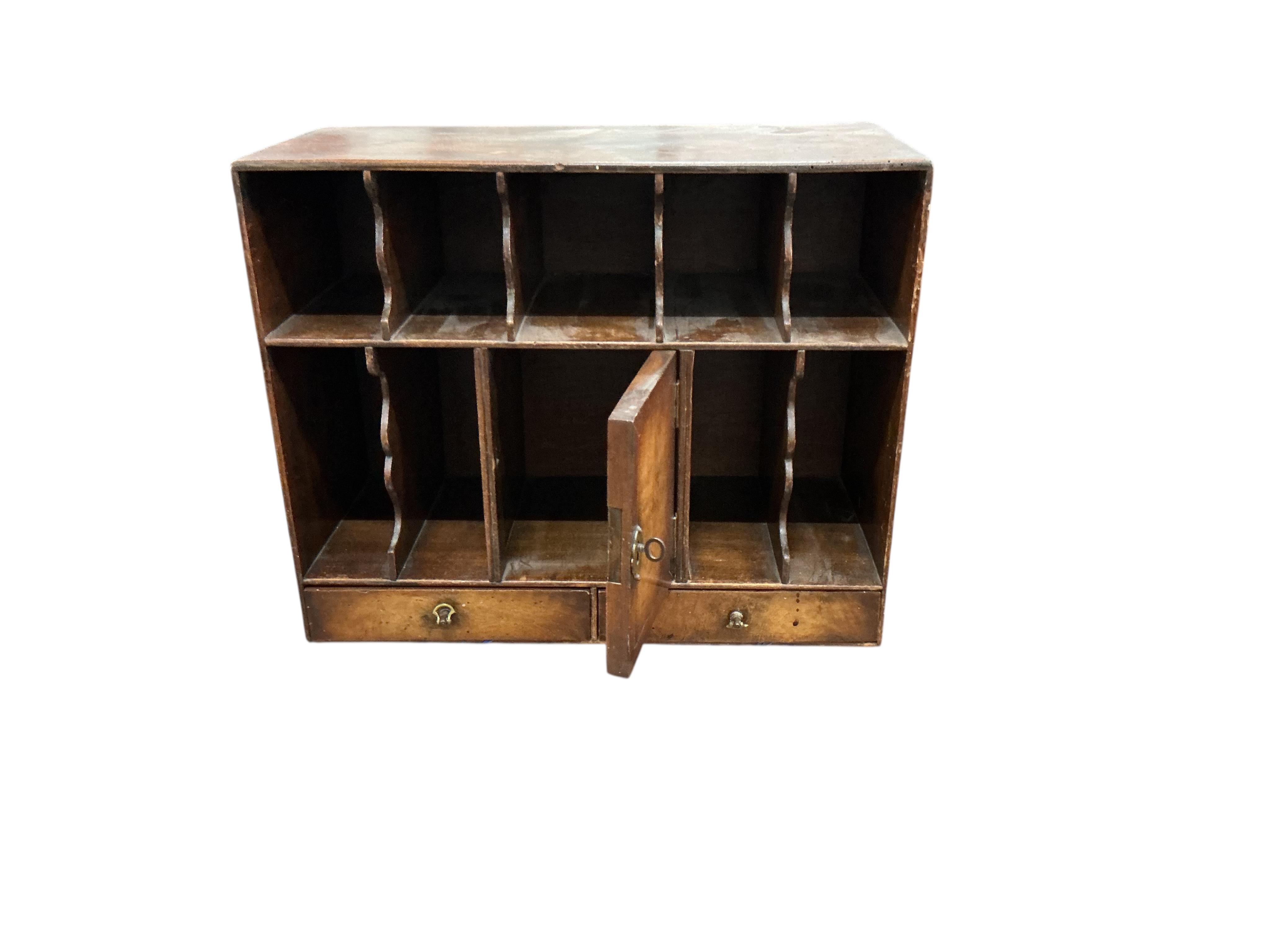 A Queen Anne Revival walnut pigeonhole unit, width 43cm, depth 19cm, height 36cm